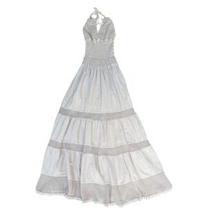 Blanco By Nature Beige Smocked Halter Crochet Tiered Maxi Dress Small Peru